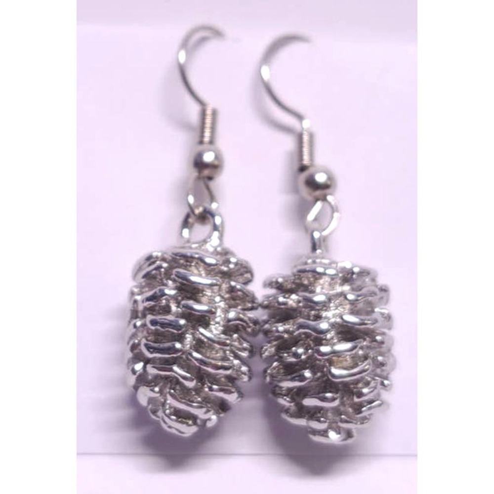 New Pinecone Pine Cone Dangle Earrings Silver Tone Nature Handmade Forest Rustic